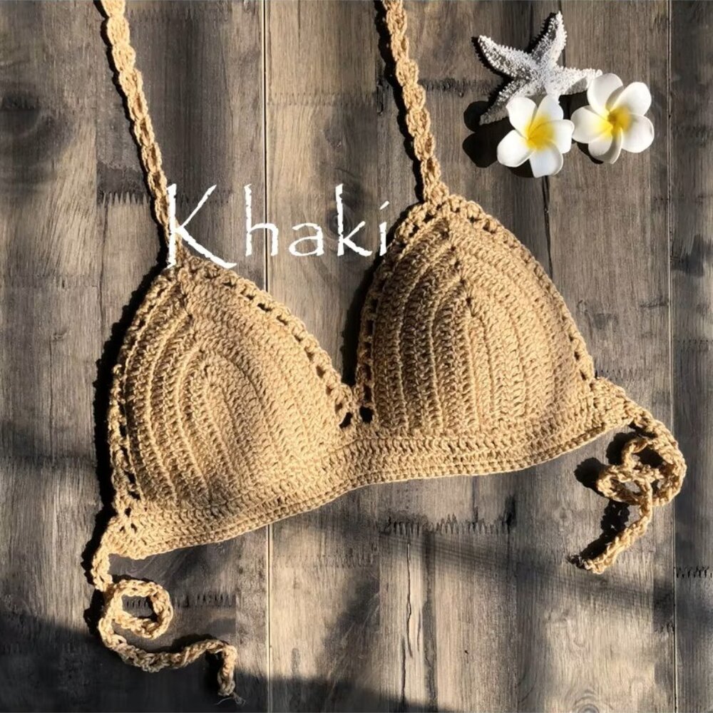 Khaki, Beige Handmade Crochet Bikini Top Bra Halter Tie Swimwear Beach Boho S-XL